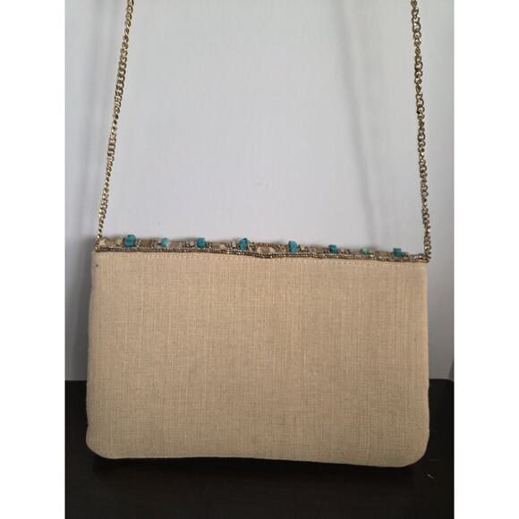 Gold & Turquoise Beaded Clutch / Crossbody Bag Gold Chain Strap Boho Western - Picture 4 of 10